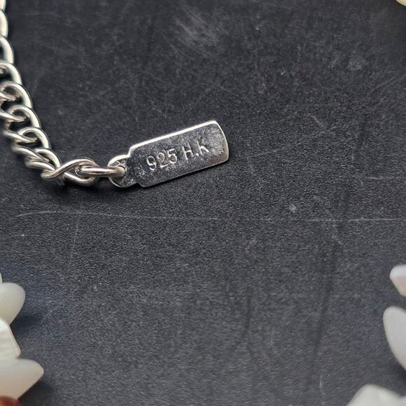 925 HK Mother of Pearl Red Carnelian Carved Flower Necklace Bracelet Set - Picture 7 of 12